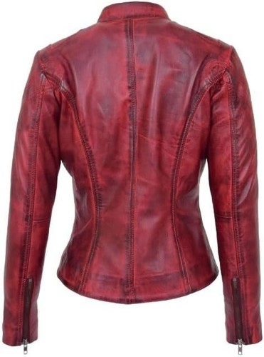 Women's Real Leather Café Racer Biker Motorcycle Fashion Jacket-Black - Picture 10 of 12