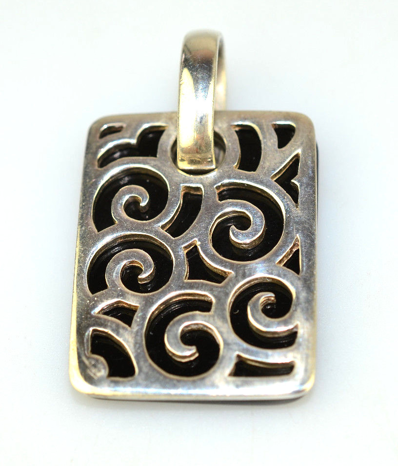 NEW STERLING SILVER RECTANGULAR ONYX PENDANT OPENWORK SWIRLS & CIRCLES FOR OMEGA