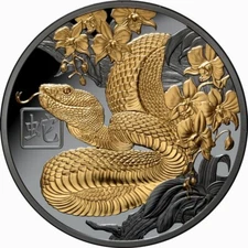 Niue 2025 YEAR of the SNAKE $1 1 Troy Oz Gilded Silver Black Proof—MINTAGE 888