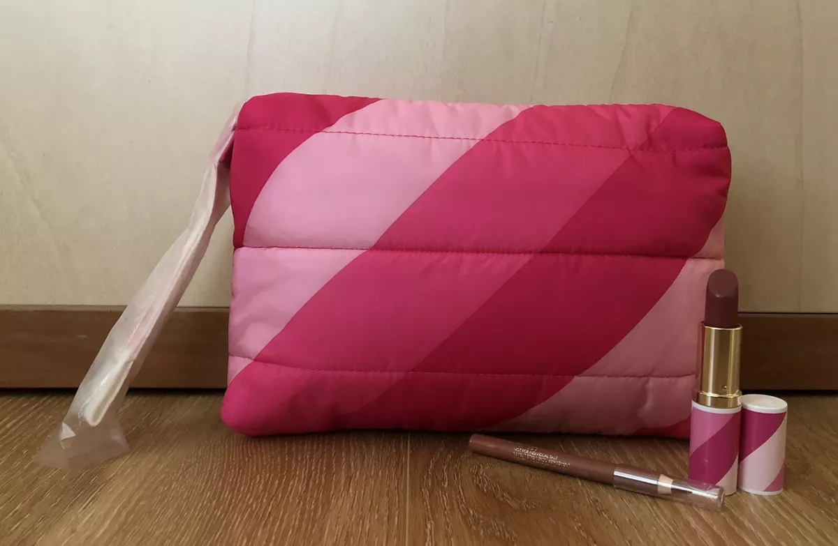 ESTEE LAUDER Pink Stripe Puffy Quilted Cosmetic Bag +Lipstick#440 +Lip  Pencil#18