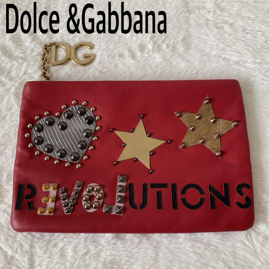 DOLCE&GABBANA Red Leather Studded Unisex Zip Clutch Bag Pre-Owned