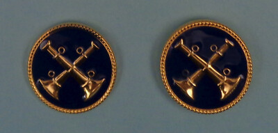 2 Bugles Crossed GOLD on BLUE 1'' Discs Collar Pins rank insignia Fire Dept FD