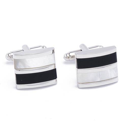 Cufflinks - Square Luxury Opal and Black with Silver - Afbeelding 1 van 5