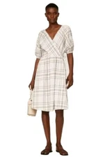 Love, Whit By Whitney Port Beige Plaid Tie Wrap Dress Balloon Sleeves XS NWT