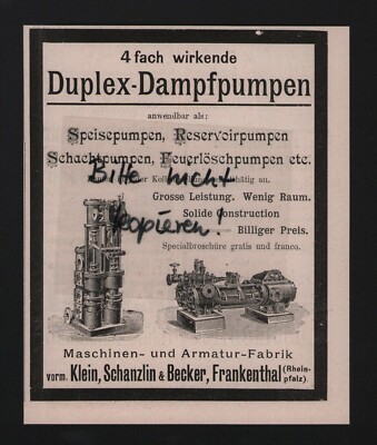 FRANKENTHAL, Werbung 1895, Klein, Schanzlin & Becker Maschinen-Armaturen-Fabrik