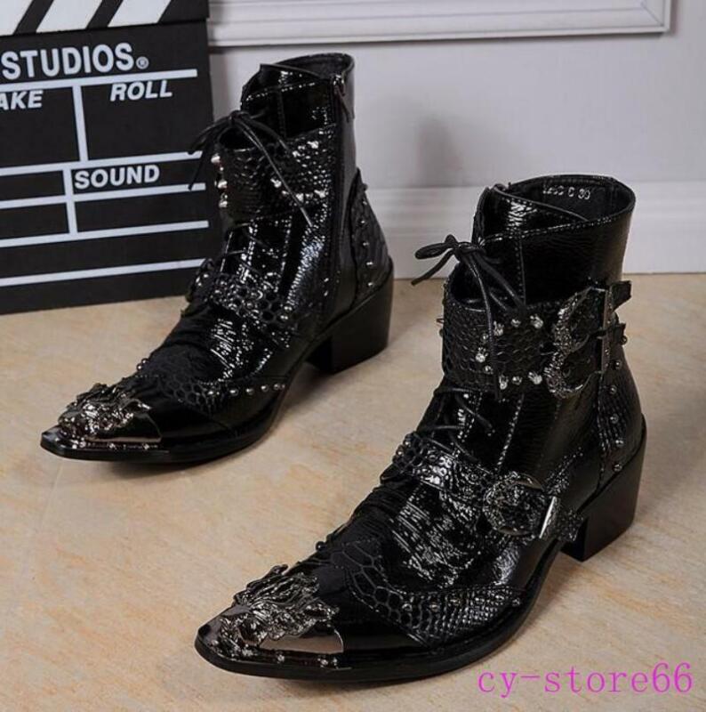 靴 Belted lame leather shoes Amazon.com | OSSTONE Moto Boots for Men Fashion lace-up