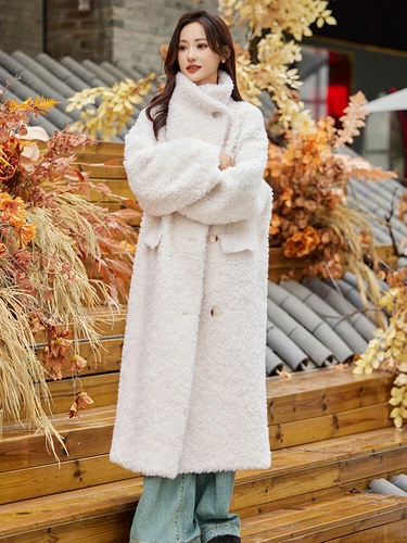 OFF WHITE Cappotto trench lungo donna 100% lana pelliccia di agnello bottoni shearling soprabito colletto bavero