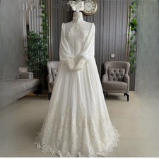 Muslim Chiffon Wedding Dresses High Neck Lace Applique Long Sleeves Bridal Gowns