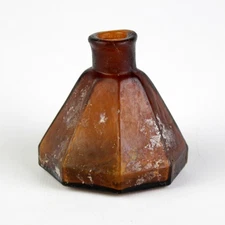 Antique Amber Umbrella Ink Bottle, Glass 3 Dot Embossed, Refired Lip Covill 169V