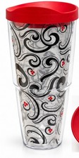 Tervis 24 Oz Tumbler Black Red Swirl Scroll Travel Cup Red Lid Made in USA