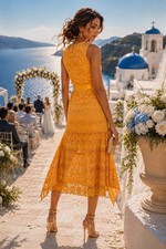 True Decadence Marigold Guipure Lace Midi Dress Wedding Guest Cocktail,Size 6