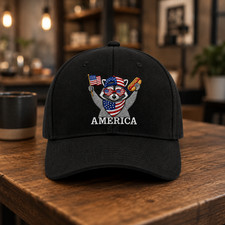 America Raccoon Hot Dog Embroidered Hat, Patriotic American Flag Cap 4th of July
