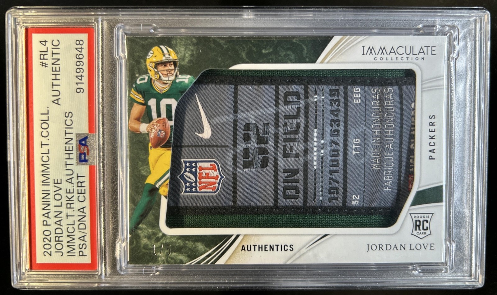 2020 Immaculate Jordan Love Rookie Authentics Tag RC Auto #/5 PSA Authentic view 1