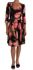 Dolce & Gabbana Black Pink Tulip Print Stretch Shift Women's Dress Authentic