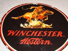 VINTAGE WINCHESTER WESTERN HORSE+ MAN & GUN 11 3/4 PORCELAIN METAL HUNTING SIGN!