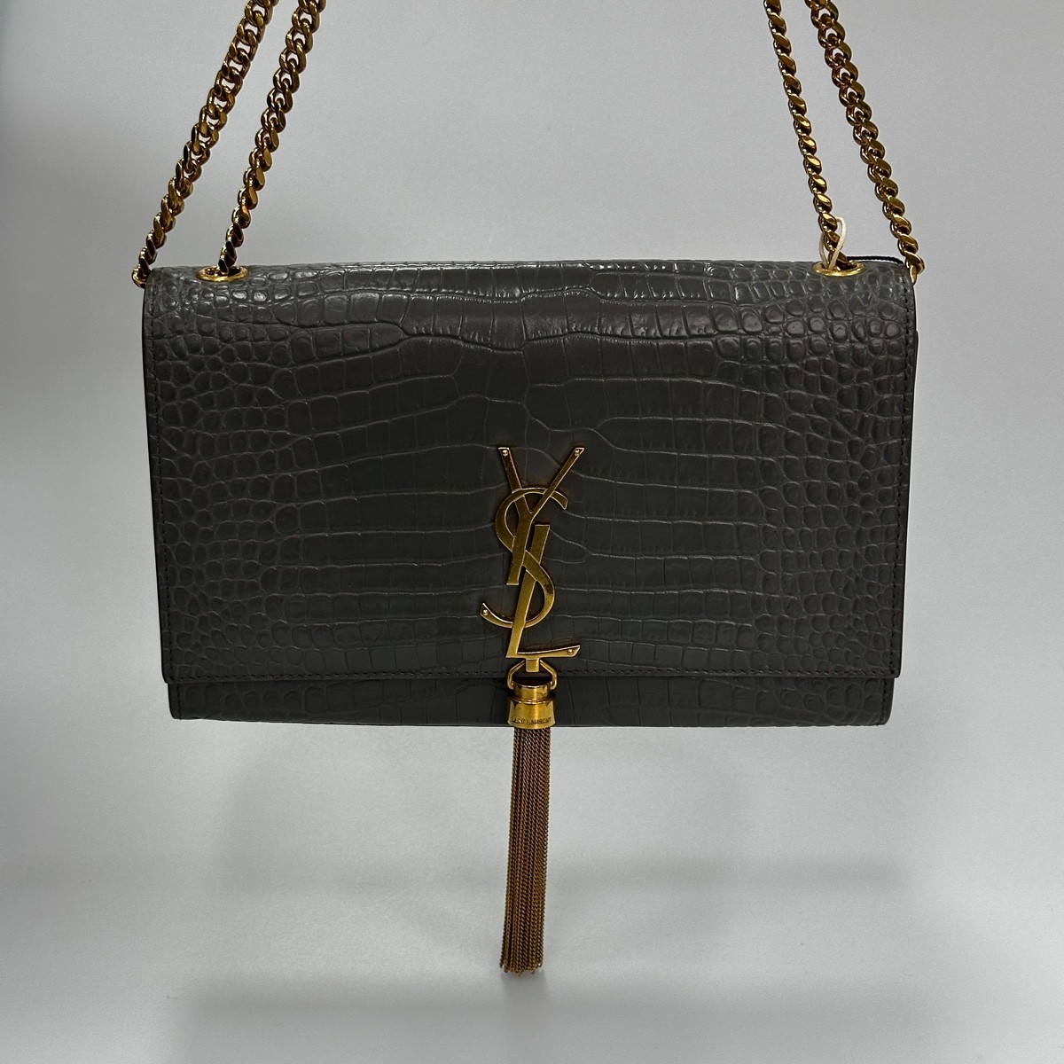 Saint Laurent YSL Kate Medium Grey Croc Embossed Calfskin Tassel Crossbody