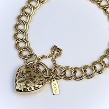 18K GL Solid Double Link Gold Bracelet with Filigree Heart Padlock