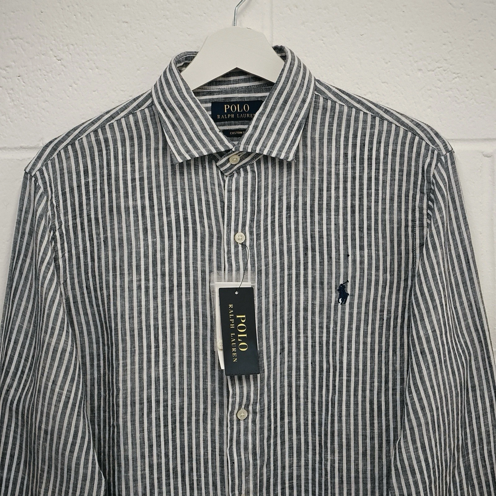 Polo Ralph Lauren Linen Shirt Blue White Striped Logo Pony Large Custom Fit 50G
Opens in a new windo