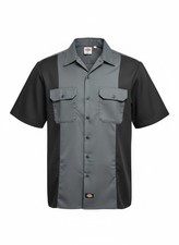 dickies mens black, gray 2 tone short sleeve button up work shirt size large new