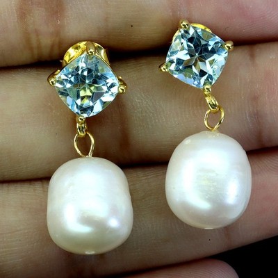 Gemsporium 925 Sterlingsilber Ohrringe Kissen Sky Blue Topas 7 mm Perle
