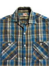 Vtg 70s Big Mac JC Penney Mens Sz M Plaid Flannel Button Up Shirt Blue Cotton