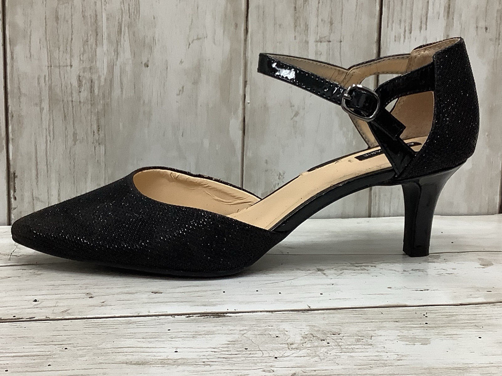 Alex Marie Black Shimmer Ankle Strap Kitten Heels - Pointed Toe D'Orsay Pumps 8M