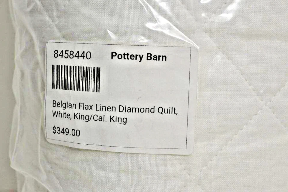 Pottery Barn Belgian Flax Linen Diamond Quilt, King/Cal.King 92 x 108" White New - Image 4 of 4