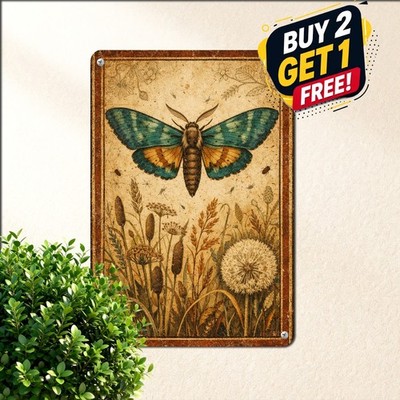 Botanical Moth Thistle Meadow Entomology Poster Distressed Metal Tin Sign
