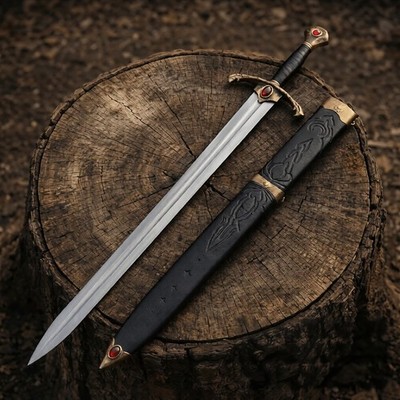 Hand Forged Viking Longsword, Red Gemstone Hilt, Leather Scabbard, Medieval Cosp