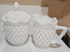 Vintage Fenton Hobnail White Milk Glass Creamer and Sugar with Lid 3 Piece Set