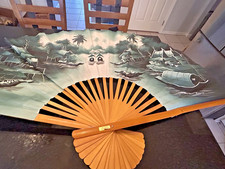 Large 34" Hand Painted Wall Fan Thailand Bamboo Wood Asian Village Scene Decor
