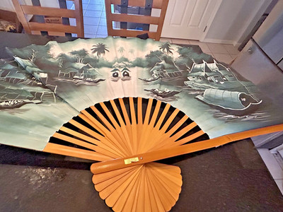 Large 34'' Hand Painted Wall Fan Thailand Bamboo Wood Asian Village Scene Decor