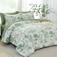 Queen Comforter Set 7 Piece Bed in a Bag Toile de Jouy Queen 90"x 90" Green