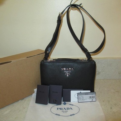 NEW PRADA BANDOLIERA VITELLO PHENIX NERO Black Leather Crossbody