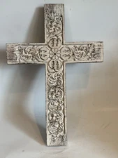 Wood Hand Carved Cross 15.5 x 10.5” White Coastal Chic Shabby Boho Christian