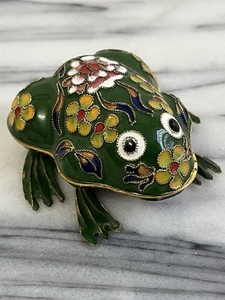 VTG Cloisonné Green Frog Trinket Ring Holder Enamel Metal 3"