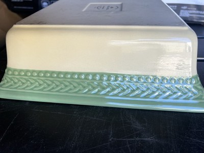 Paula Deen Southern Braid Green Cream Ceramic Rectangle Covered Dish Microwave  