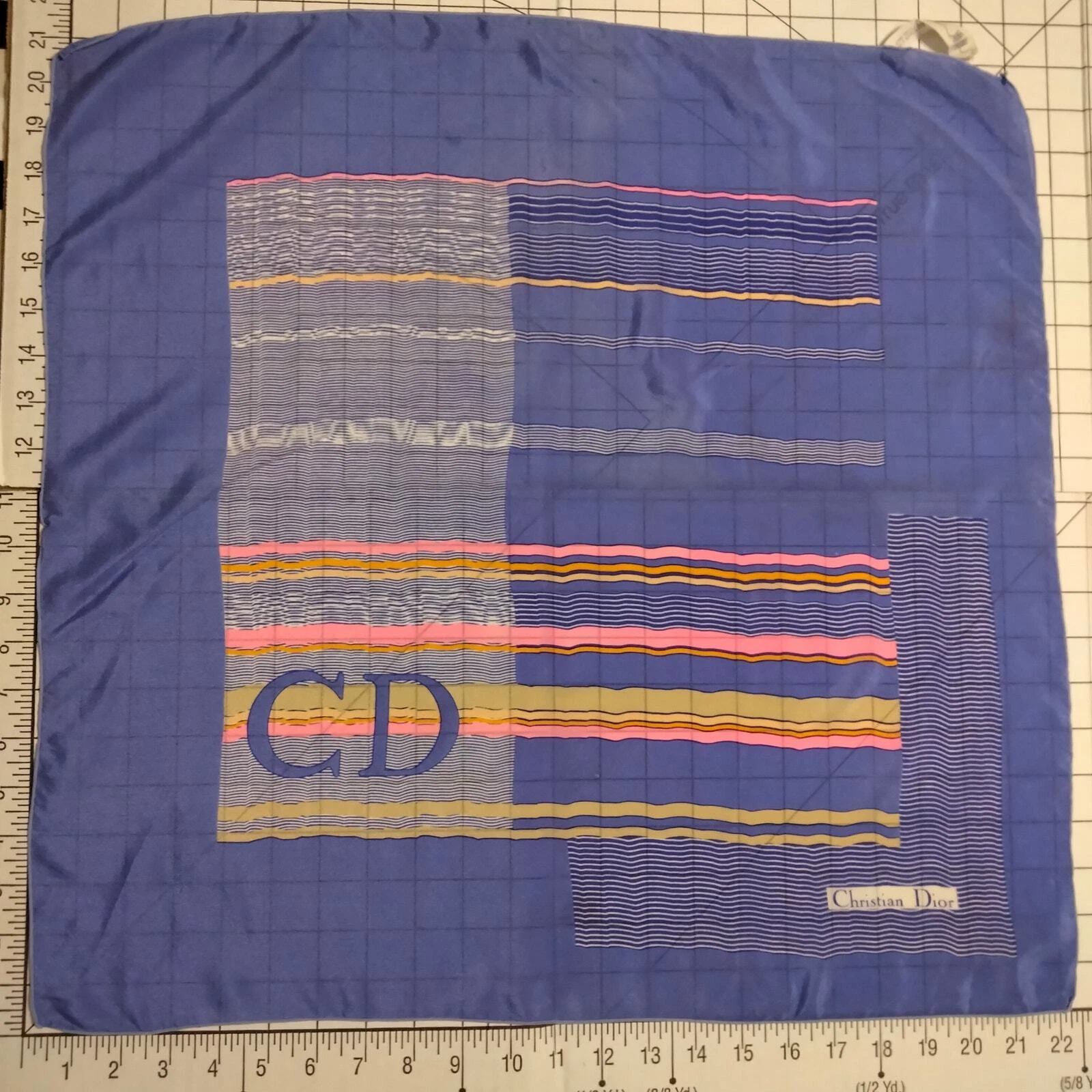 Écharpe 100 % soie Christian Dior Vintage années 80 pervenche et multicolore 