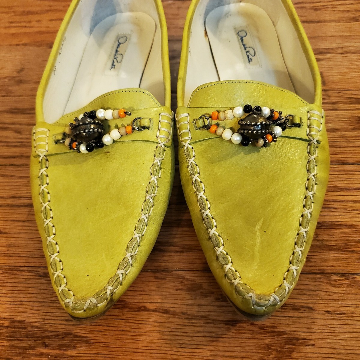 Oscar De La Renta Green Jewel Flat pointed toe Shoes Size 38 Made