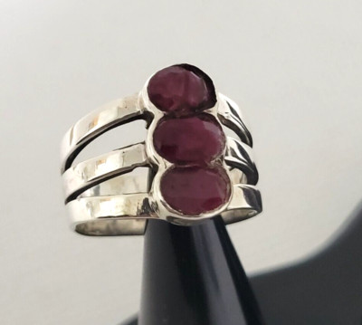 Natural Ruby Trilogy Ring 925 Sterling Silver Size 9 Wide Band Handmade