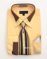 Men's French Cuff Dress Shirt with Tie and Handkerchief 34 Gold, Blue