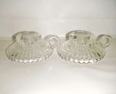 PAIR JEANNETTE GLASS CANDLESTICK HOLDERS, FINGER HOLD, EARLY OPEN BOTTOM, 1940'S