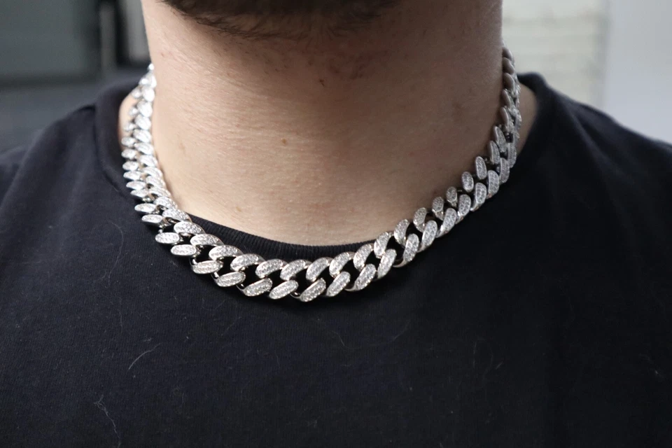 Cadena gargantilla 18 pulgadas 12 mm 14k oro blanco Miami eslabón cubano circonita cúbica VVS pesada sólida Foto 3 de 4