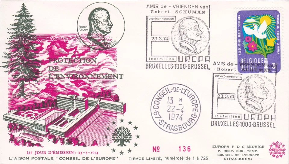 ENVELOPPE 1ER JOUR - BELGIQUE - PROTECTION DE L'ENVIRONNEMENT - 1974 - Photo 1/1