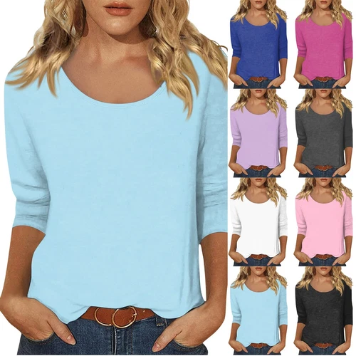 Womens 3/4 Sleeve Scoop Neck Tops Solid Color Basic T Shirts Casual Loose Tees