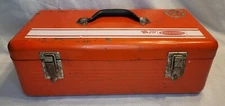 VINTAGE 70'S SIMONSEN RALLY LINE ORANGE TOOL BOX METAL RAT ROD SHOWS WEAR