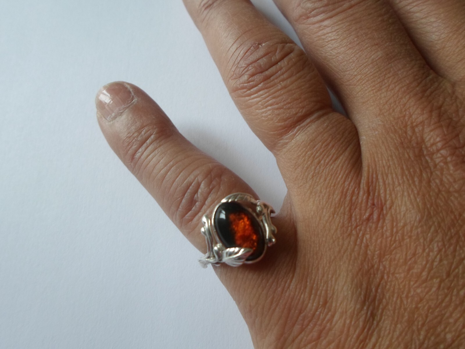 solid silver ring, dark amber cabochon, leaf outl… - image 2