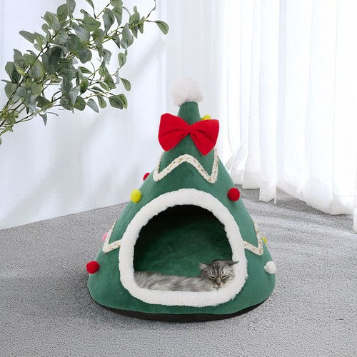 Christmas Tree Design Pet Cave Bed Warm Cat Puppy Igloo House Nest Tent Kennel - Picture 3 of 10