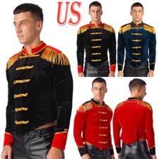 US Mens Stand Collar Circus Role Play Costume Fringed Board Blazer Velvet Jacket