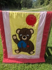 Teddy Bear Quilt Crib Blanket Throw Balloons Handmade Vintage Baby Blanket